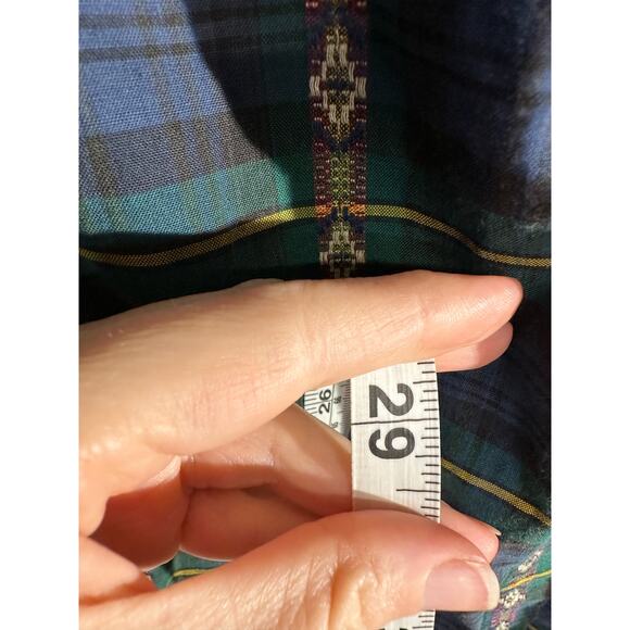 Vintage Shirt Mens Large Blue Plaid Aztec Button Elbow Patch Western Green - Picture 8 of 10